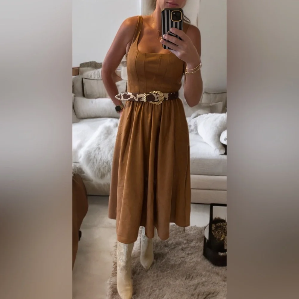 Wayf Faux Suede Tan Midi Dress with Pockets - Picture 2 of 6